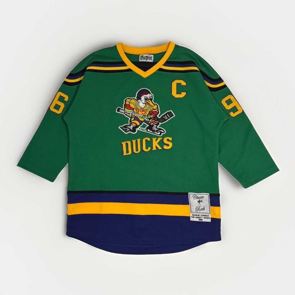 Mighty Ducks Disney Charlie Conway 96 Green Hockey Jersey Classic Reels Sz XL